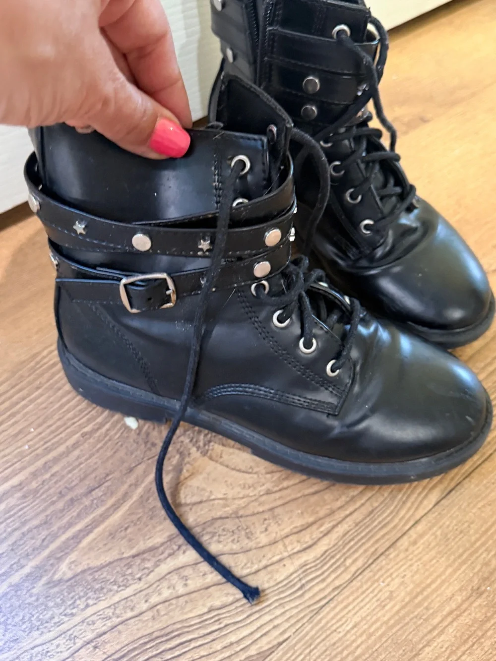 Black Girl's Lace-Up Combat Boots with Star-Accent Strap